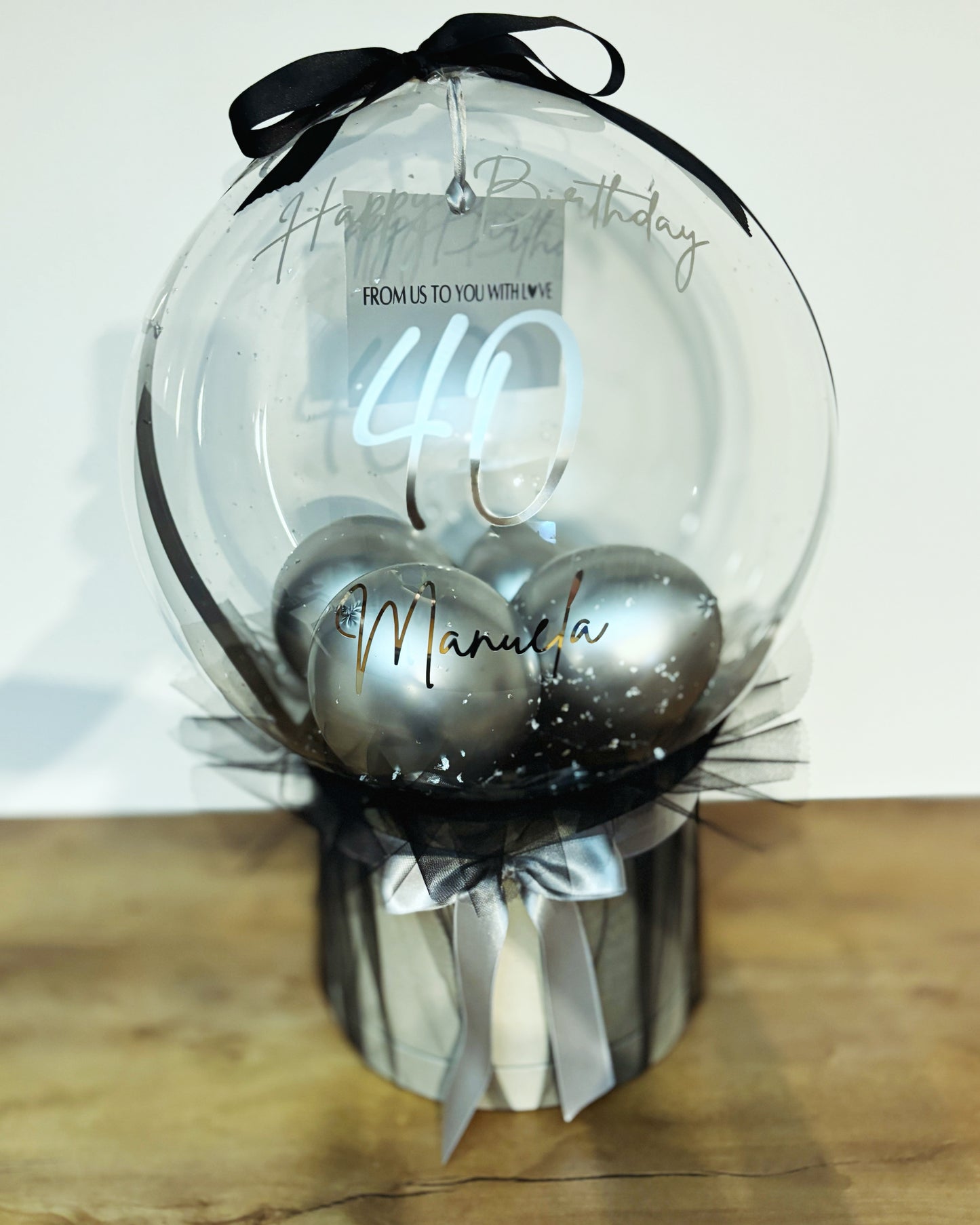 Bobo Ballon mit Box Schwarz-Silber